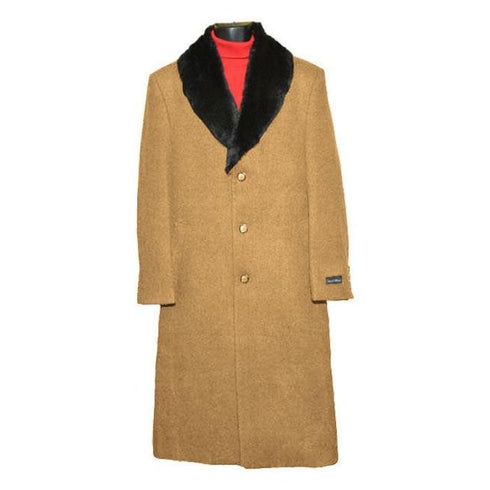 Mens Dress Coat Fur Collar Camel Wool Full Length Overcoat ~ Long Men's coat