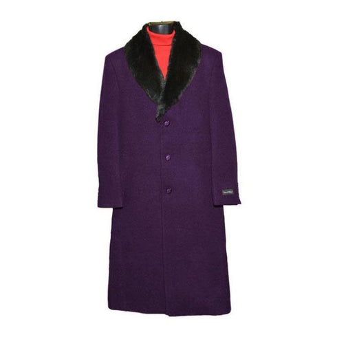 Mens Dress Coat Fur Collar Dark Purple Full Length Overcoat ~ Long Mens coat