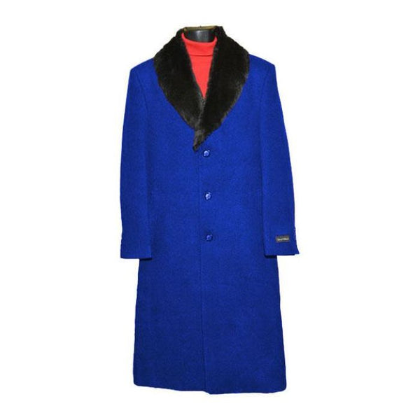 Mens Dress Coat Fur Collar Royal Blue Full Length Overcoat ~ Long Mens coat