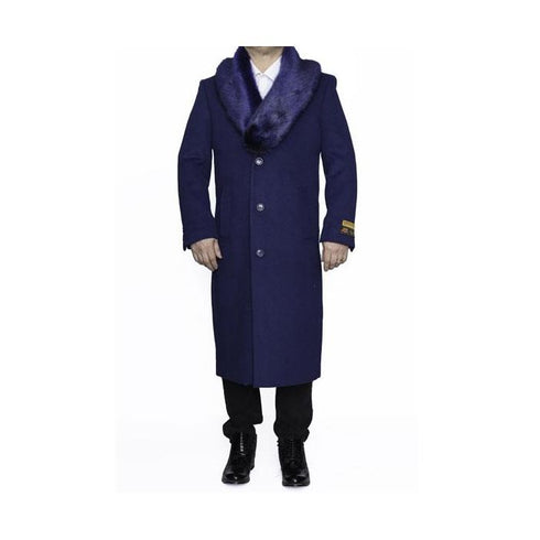 Mens Indigo Blue Fur Collar Full Length Wool Overcoat