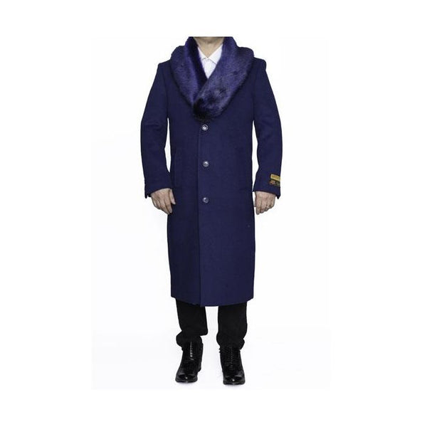 Mens Indigo Blue Fur Collar Full Length Wool Overcoat – OvercoatUSA Mens Indigo Blue Fur Collar Full Length Wool Overcoat – OvercoatUSA