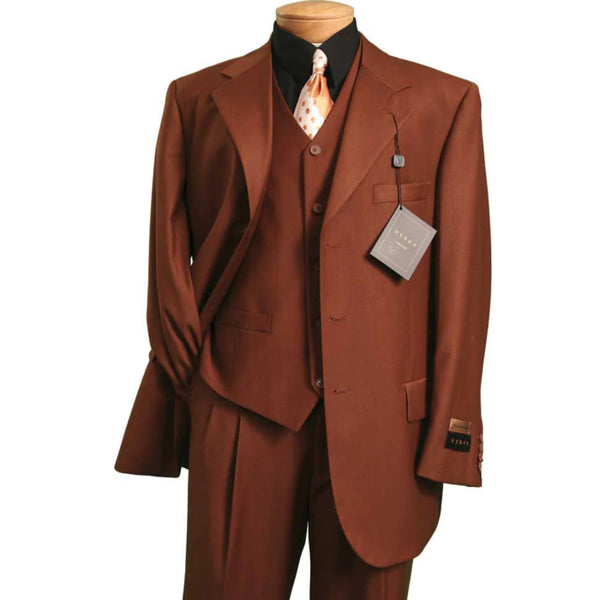 Mens 2 Button Vested Basic Wool Feel Suit in Cognac