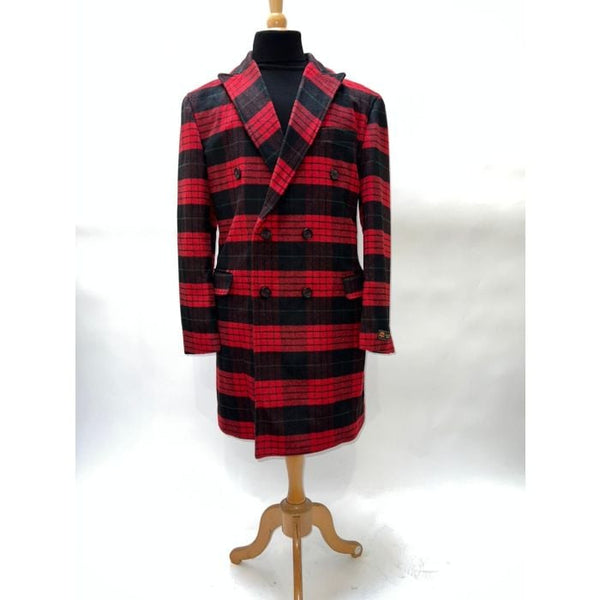 Mens Black and Red Plaid Overcoat - Hounstooth Checker Pattern Topcoat