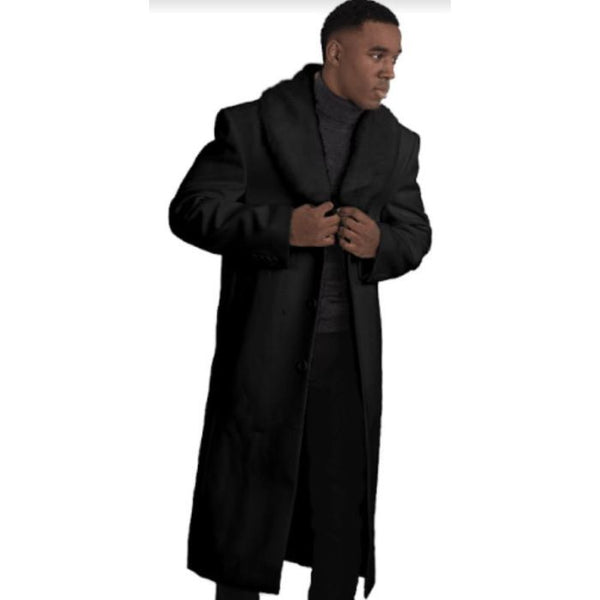 COAT BELTED FULL LENGTH WOOL MENS FUR COLLAR OVERCOAT