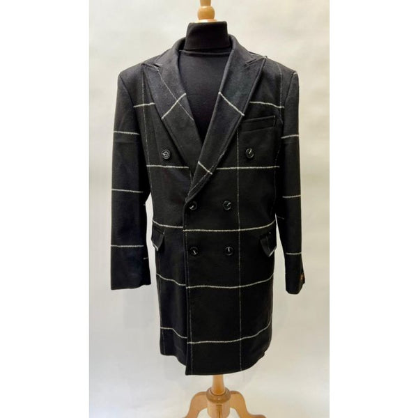 Mens Black Plaid Overcoat - Hounstooth Checker Pattern Topcoat