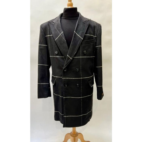 Mens Black Plaid Overcoat - Wool Peacoat - Plaid Topcoats