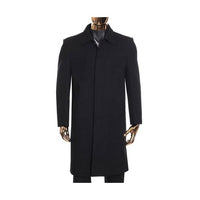 Mens black zip up closure knee length long sleeve collared wool suit