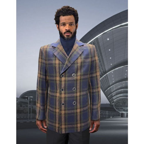 Mens Blue Peacoat - Plaid Overcoats - Wool Carcoat