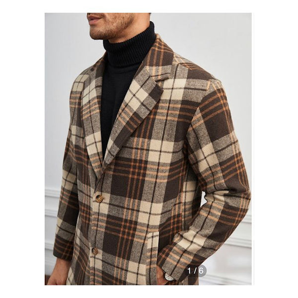 Mens Brown Plaid Overcoat - Hounstooth Checker Pattern Topcoat