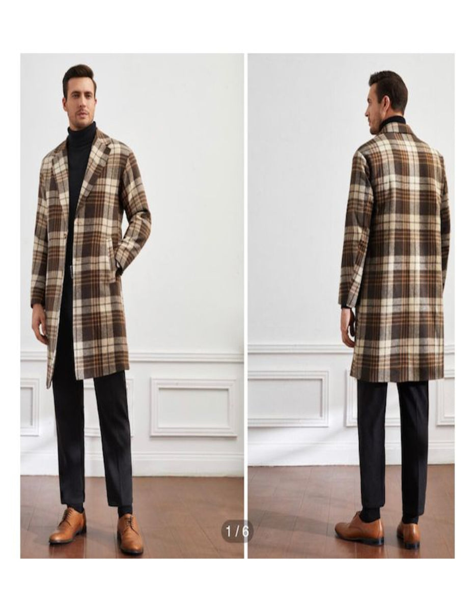 Mens Camel Plaid Overcoat - Hounstooth Checker Pattern Topcoat ...