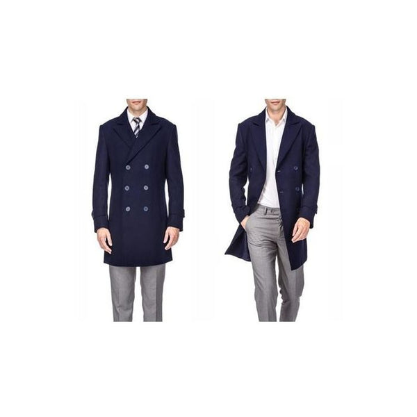 Mens Double Breasted Navy Peacoat Slim Fit Wool