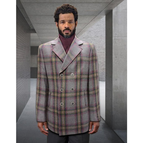 Mens Grey Peacoat - Plaid Overcoats - Wool Carcoat