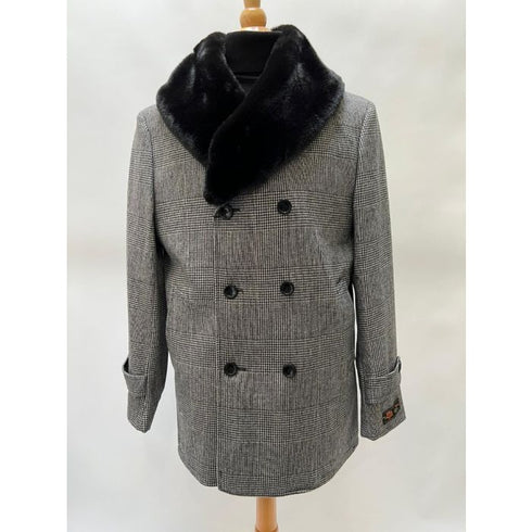 Mens Grey Plaid Overcoat - Hounstooth Checker Pattern Topcoat