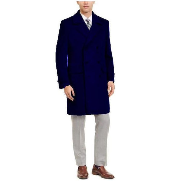 Mens Mid Length Navy Blue Wool Overcoat