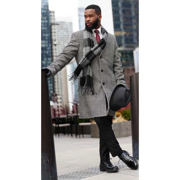 GREY PLAID-MENS PLAID 100% WOOL OVERCOAT