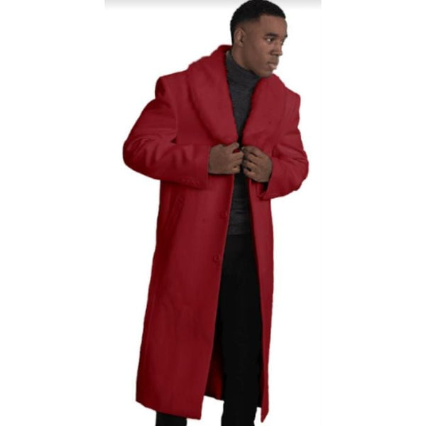 Mens Overcoat With Fur Collar - Burgundy Topcoat