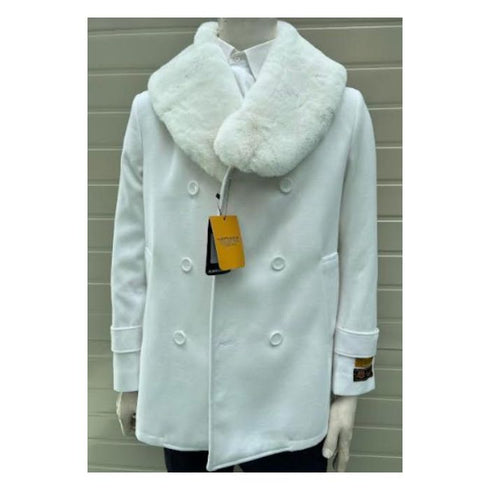 Mens Pea Coats With Fur Collar - Wool White Peacoats