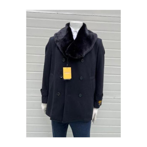 Mens Pea coats With Fur Collar - Wool Black Peacoats