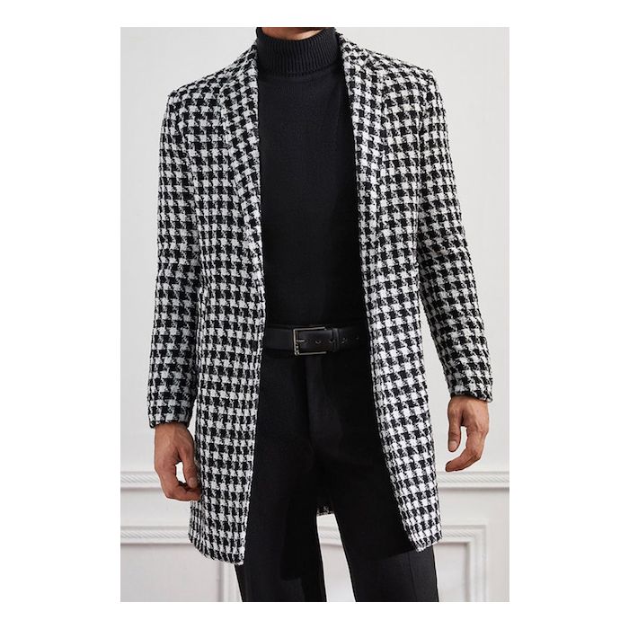 Mens Plaid White and Black Overcoat - Hounstooth Checker Pattern Topco ...