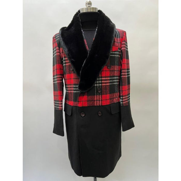 Mens Plaid Overcoat - Red Wool Peacoat - Plaid Topcoats