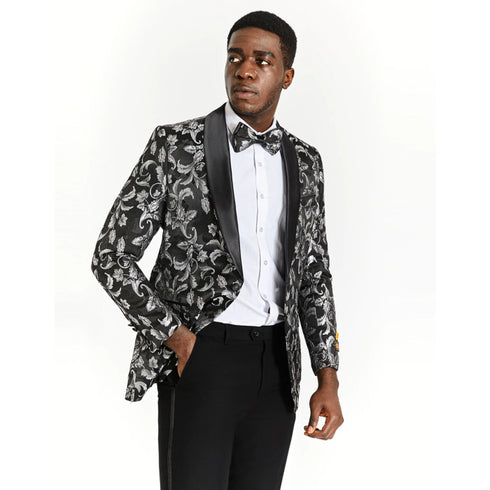 Mens Slim Fit Silver and Black Floral Blazer