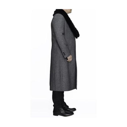 MENS REMOVABLE FUR COLLAR FULL LENGTH WOOL HERRINGBONE GREY OVERCOAT