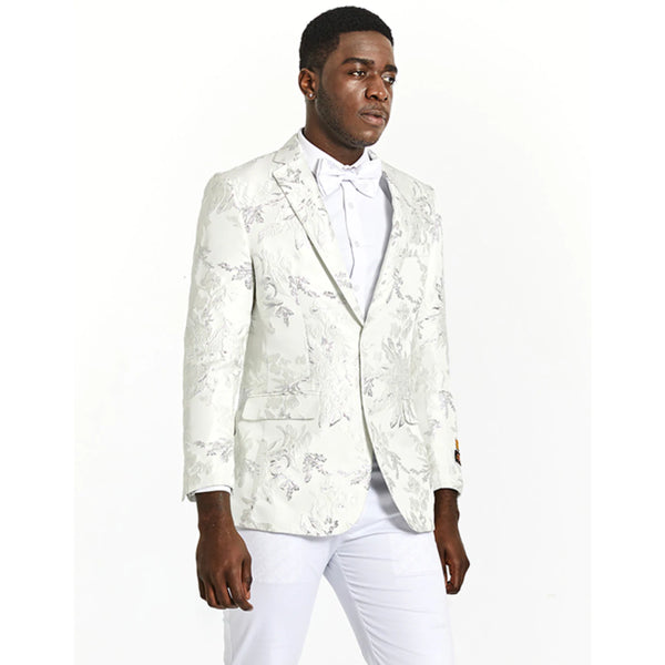 Mens White and Silver Floral Blazer