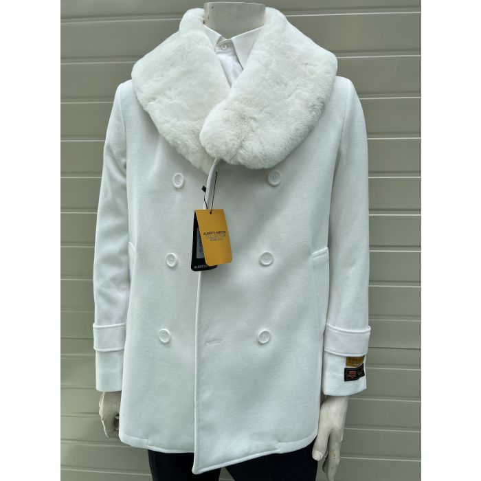 Mens White Wool Coat Fur Collar Overcoat