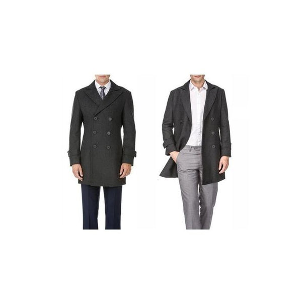 Mens Wool Double Breasted Charcoal Provides Warmth Peacoat