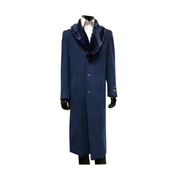 Mens Wool Overcoat With Fur Collar Navy Blue Topcoat