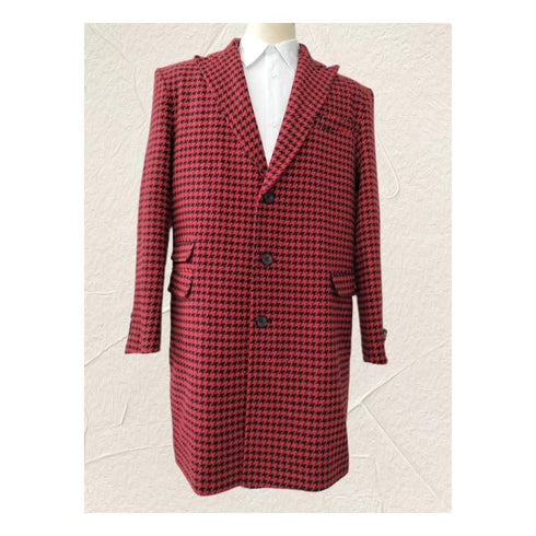 Mens Wool Plaid long Peacoat - Plaid Pattern Wool red coat