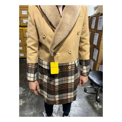 Mens Wool Plaid Peacoat - Plaid Pattern Wool camel-tan Coat