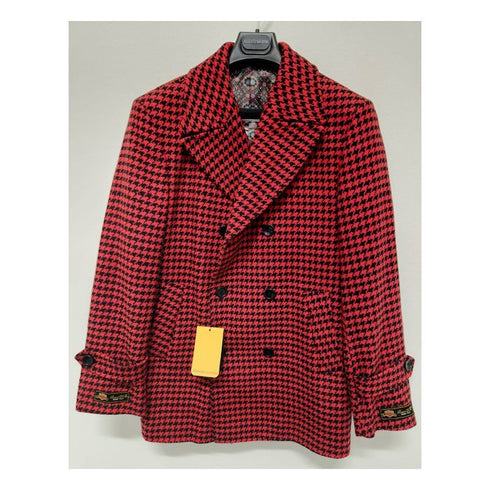 Mens Wool Plaid Peacoat - Plaid Pattern Wool red Coat