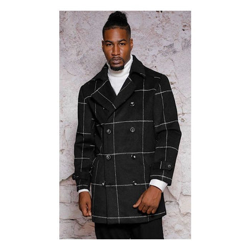 Mens Wool Plaid Peacoat - Plaid Pattern Wool black Coat