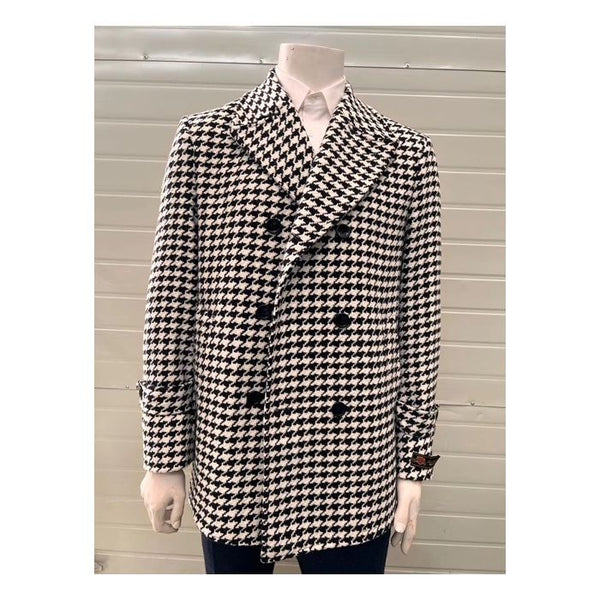 Mens Wool Plaid Peacoat - Plaid Pattern Wool black/white Coat