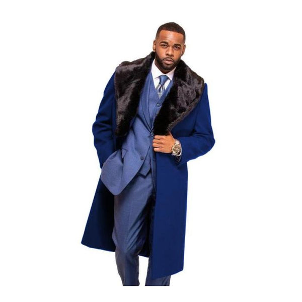 Mens Navy Blue Overcoat ~ Long Dress Topcoat - Winter Coat With Fur Collar