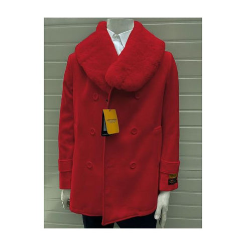 Mens Pea Coats With Fur Collar - Wool Hot Red Peacoats