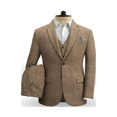 Mens Brown Herringbone Slim Fitted Tweed Fabric Two Welted Back Pockets on Trousers