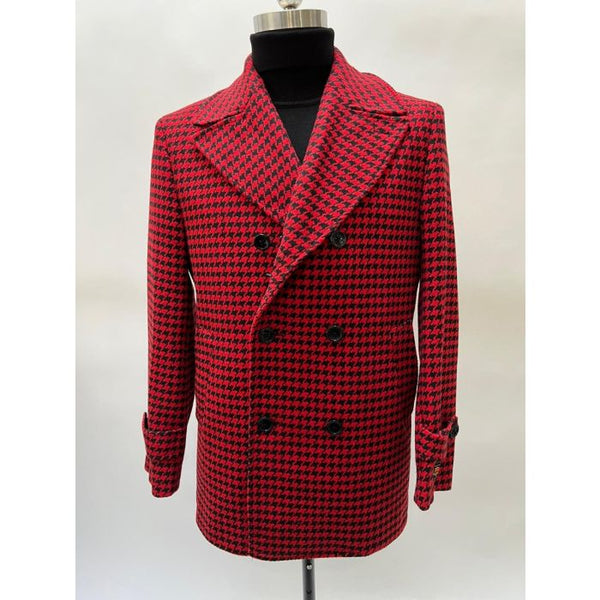 Red Mens Plaid Overcoat - Hounstooth Checker Pattern Topcoat