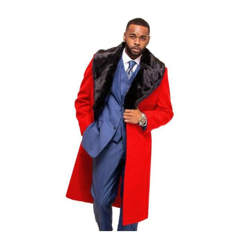 Red Overcoat ~ Long Men's Dress Topcoat - Winter Coat With Fur Collar In And Wool Fabric