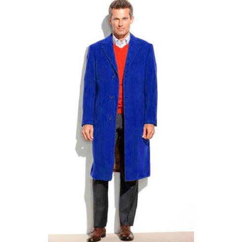 Mens Royal Blue Wool Full Length Overcoat