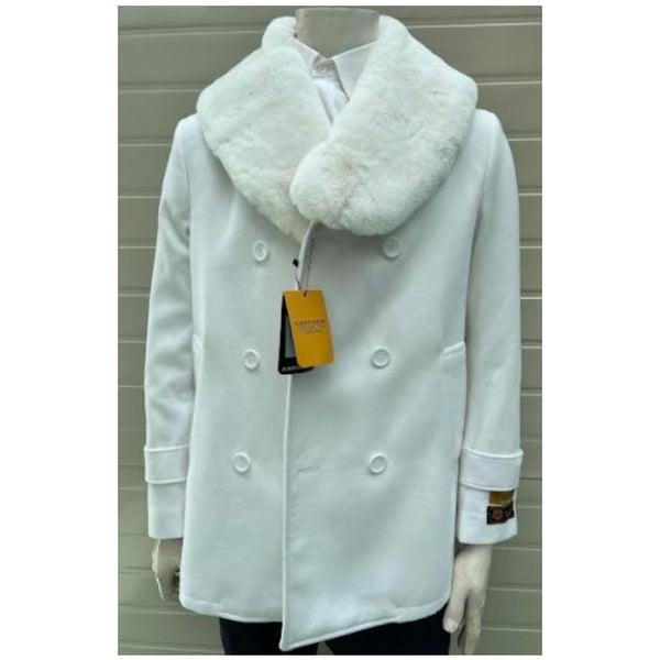 White Wool Peacoat - Mens White Peacoat coat with fur collar